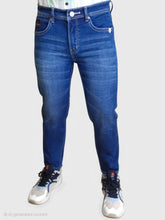 Blue Cotton Stretch Super Slim Fit Tapered Length Mid Rise Jeans For Men’s